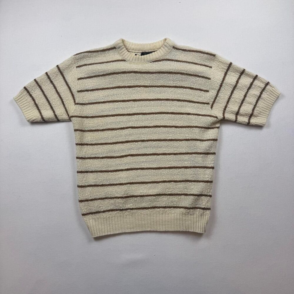 Vintage 70s Cream Campus Striped Short Sleeve Knit Sweater Size Small
